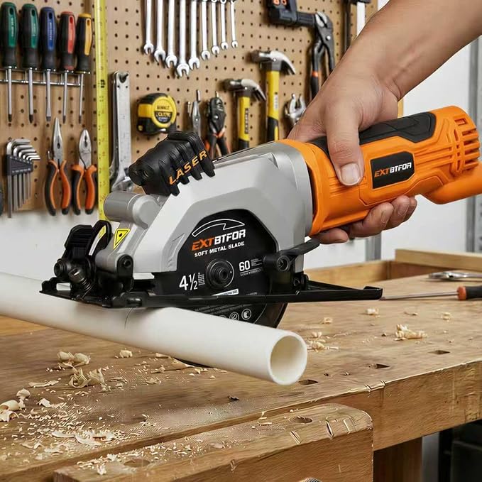4.8A Power Circular Saw Corded,4000RPM Laser Guide 45° Max Angle Adjustment | Mini Circular Saw Maximum Cutting 1-11/16" at 90° and 1-1/8"at 45° for Wood, Soft Metal, Plastic