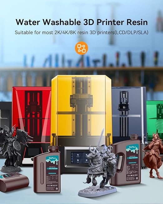 SUNLU 3kg Water Washable 3D Printer Resin, Fast Curing Low Shrinkage, High Precision Photopolymer Resin for LCD/DLP/SLA Printers,395 to 405nm UV Resin, 3000g Grey