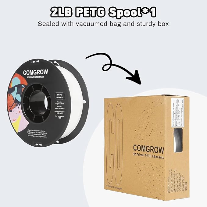 Comgrow PETG 3D Printer Filament 1.75mm, High Precision and Tough 3D Printer Filament (2LBS), Dimensional Accuracy +/- 0.02 mm, Fit Most 3D Printers White