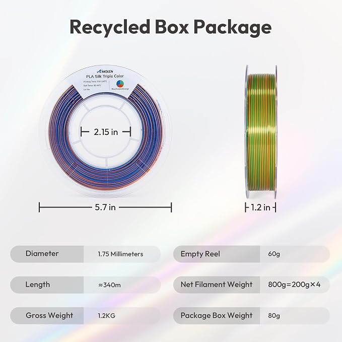 AMOLEN 3D Printer Filament Bundle, Triple Colors Coextrusion Silk PLA Filament 1.75mm +/-0.02mm,Shiny Color Change 3D Printer Filament for Most FDM 3D Printer 200g X 4 Pack