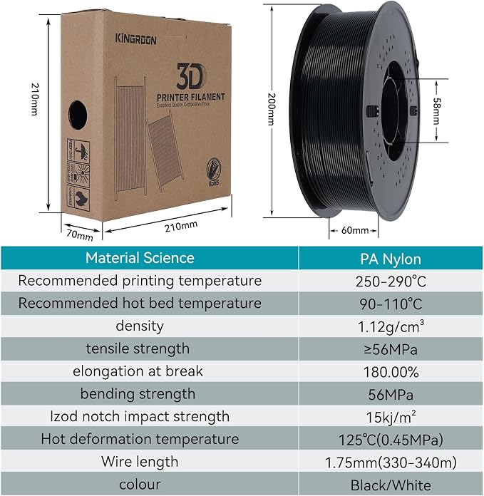 Kingroon PA6 Nylon 3D Printer Filament 1.75mm, 1kg Black Filament, High Strength Filament for Engineering Parts, Dimensional Accuracy +/- 0.03mm