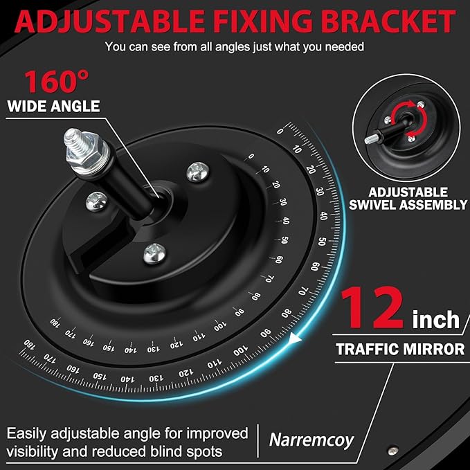 12 Inch Acrylic Convex Mirror with Rain Shield, Adjustable Wide Angle Security Mirror for Indoor Outdoor, Blind Spot for Garage, Warehouse, Driveway, Office Safety