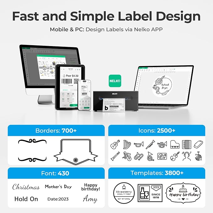 Nelko Bluetooth Thermal Shipping Label Printer, 4x6 Shipping Label Printer for Shipping Packages, Support Android, iPhone and Windows, Widely Used for Amazon, Shopify (Blue)