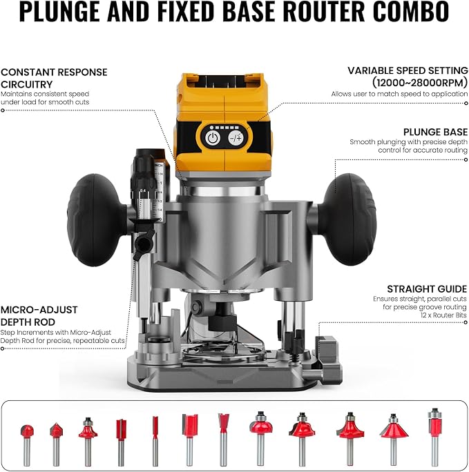 Compact Router Plunge/Fixed Base Kit (Tool Only), Compatible with Dewalt 20V 60V MAX Battery, Cordless, Brushless, Variable Speed, Wood Plam Router Tool For Woodworking, 12 PCS 1/4"Router Bits