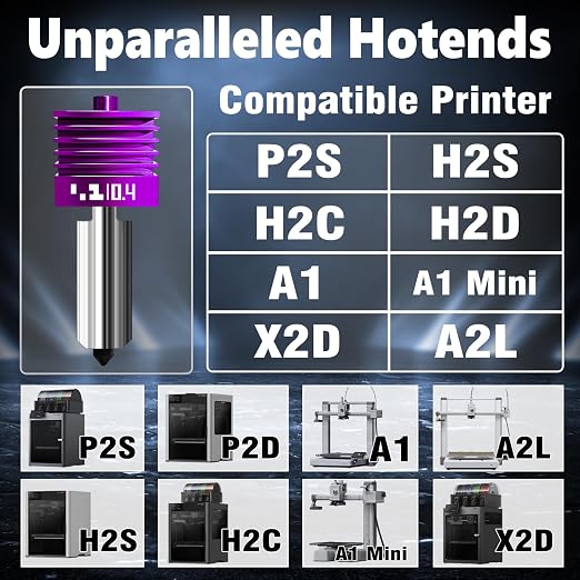 4-Pack Upgraded A2L/H2/X2D/P2S Hotend Kit with Anti-Stick MPVD Coating - High Speed Hardened Steel P2S Nozzle for Bambu Lab P2S,X2D/H2S,H2C,H2D,A2L,A1 3D Printers, Bamboo P2S Parts(0.2/0.4/0.6/0.8mm)
