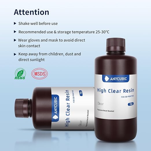 ANYCUBIC High Clear 3D Printer Resin, Resist Yellowing and Highly Transparent, Tough and Resilient, Low Odor 3D Printing Resin, Widely Compatible Resin 3D Printers (High Clear, 2kg)