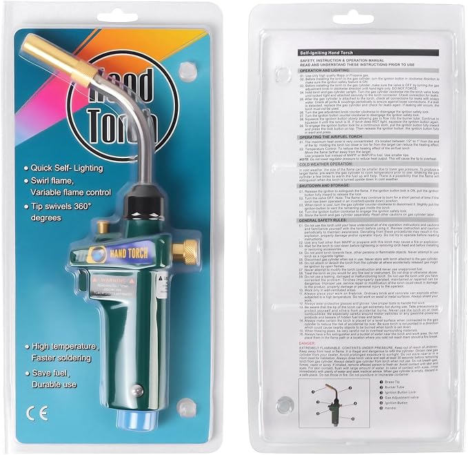 MAPP Gas Torch Kit, Auto-Ignition Turbo Torch with Extreme Swirl Turbo & Quick Disconnect, Propane Torches for HVAC, Plumbing, Brazing, Heating, Brazes 1/16" to 1/2", Solders 1/8" to 1-3/4"