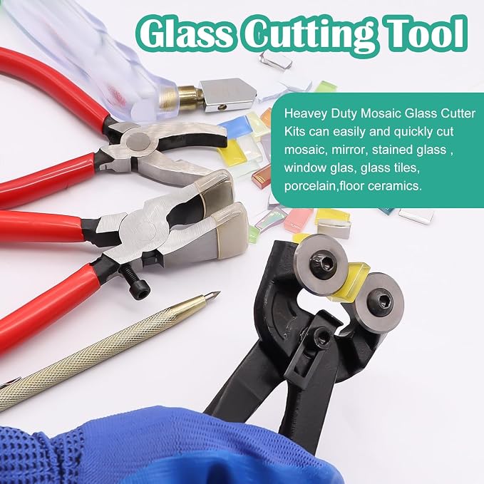 weideer Glass Cutters Tools,Glass Cutter, Mosaic Wheeled Glass Tile Nippers,Running Pliers Breaker Grozer Pliers,Stained Glass Cutting Tool Kit with Replacement Cutting Wheel Gloves Leather Bag