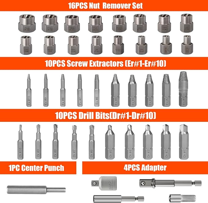 Coobeast 41Pcs Bolt Extractor Kit and Small Screw Extractor Set, Ez Out Bolt Extractor Tool with 5Pcs Compatible Adapter for Stripped Screw, Broken Nut and Damaged Bolt Remove