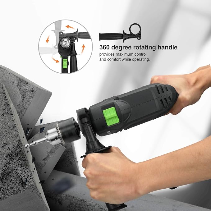 GALAX PRO 5Amp 1/2-inch Hammer Drill with 105pcs Accessories, Variable Speed 0-3000, Hammer and Drill 2 Functions in 1, 360°Rotating Handle, Depth Gauge, Carrying Case Included