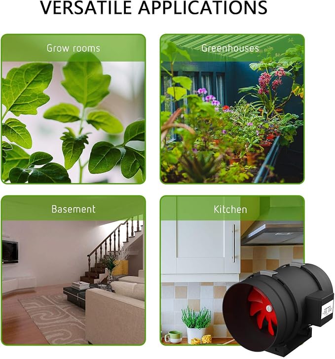 SunStream Inline Duct Fan 4 Inch 190 CFM Air Ventilation Exhaust Booster Vent Blower for Indoor Grow Tent