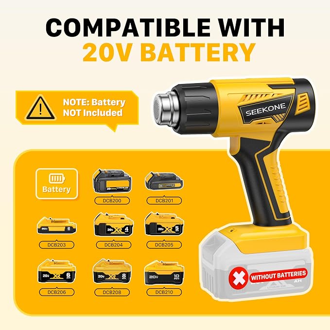 SEEKONE Cordless Heat Gun with LCD Variable Temperature Control 122℉-1112℉, Compatible with Dewalt 20V Battery, Hot Air Gun with Memory Function and 3 Nozzles for Crafting, Vinyl Wrap and 3D Printing