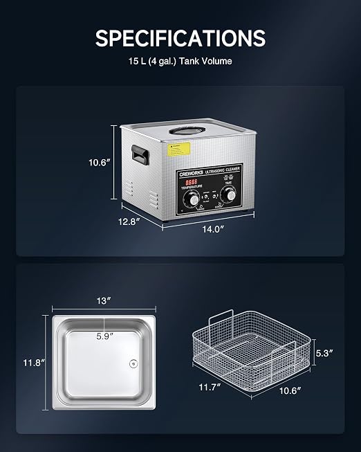 CREWORKS 15L Ultrasonic Cleaner with Heater and Timer, 360W Stainless Steel Ultrasonic Cleaner Machine with Degas & Gentle Modes, Ultrasonic Parts Cleaner with Knob Control for Machine Part Auto Tool