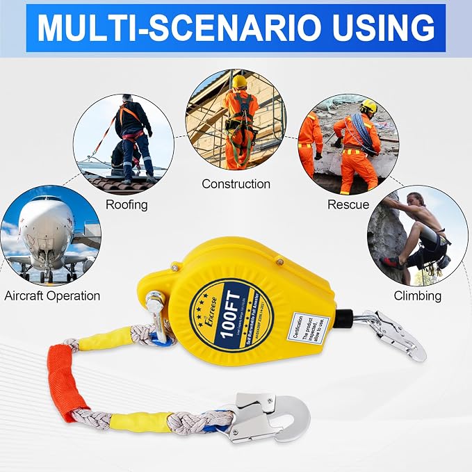 Self Retractable Lifeline Fall Protection Arrester 100FT Double Locking Roofing Safety Rope Lanyard Fall Arrest Gear, Dual Alloy Steel PPE shell Heavy Duty Hook Cable Wire