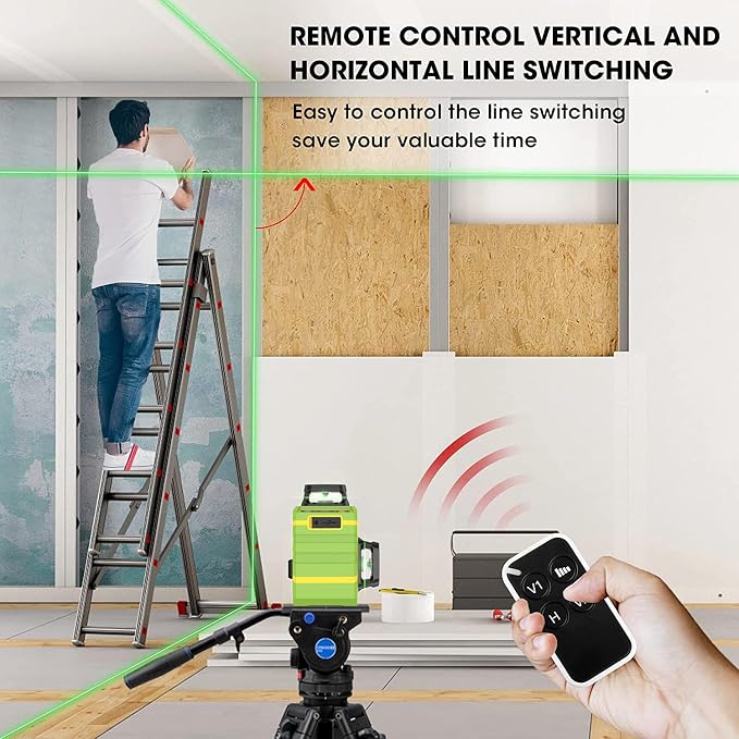 Laser Level Self Leveling 3x360° 3D Green Cross Line for Construction and Picture Hanging, Rechargeable battery, Remote Controller, Magnetic Rotating Stand Included