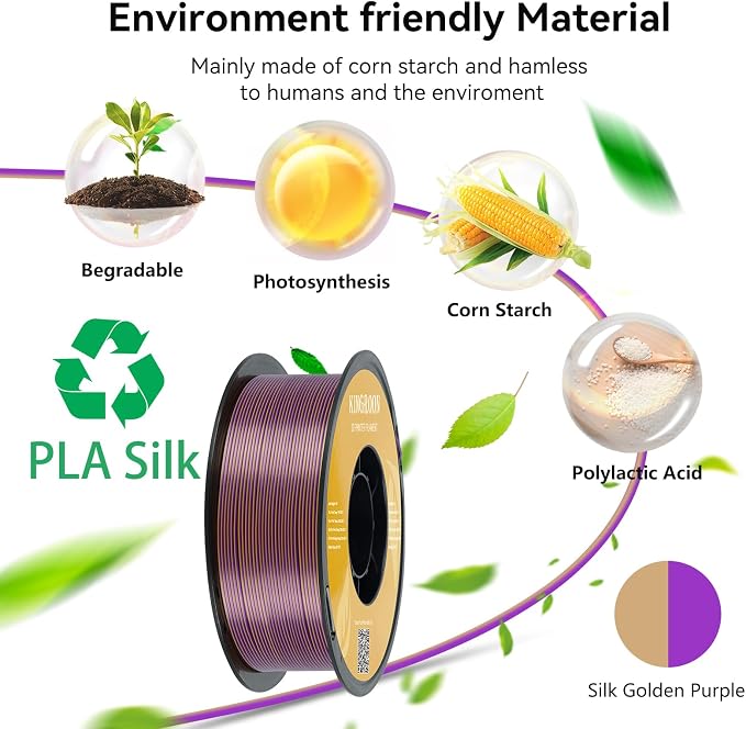 Kingroon PLA Filament, Multicolor Silk PLA Filament, Dual Color 3D Printer Filament, 1.75 mm, Dimensional Accuracy +/- 0.03 mm, 1kg Spool(2.2lbs), Gold Purple