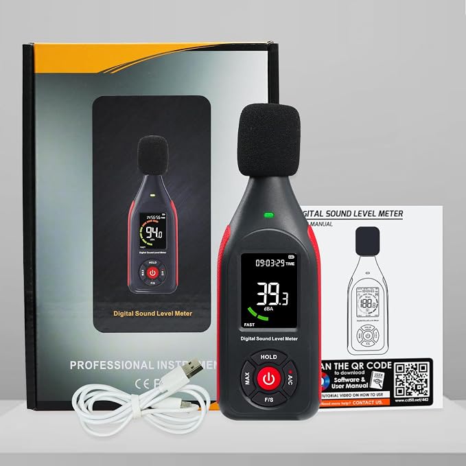 Decibel Meter Data Logger, Digital Sound Level Meter with Recording, dB Meter 30~130dB, 31,000 Data, 3Color Light Alarm, USB Rechargeable SPL Meter for Home, Classroom, Office, Neighbor, Industrial