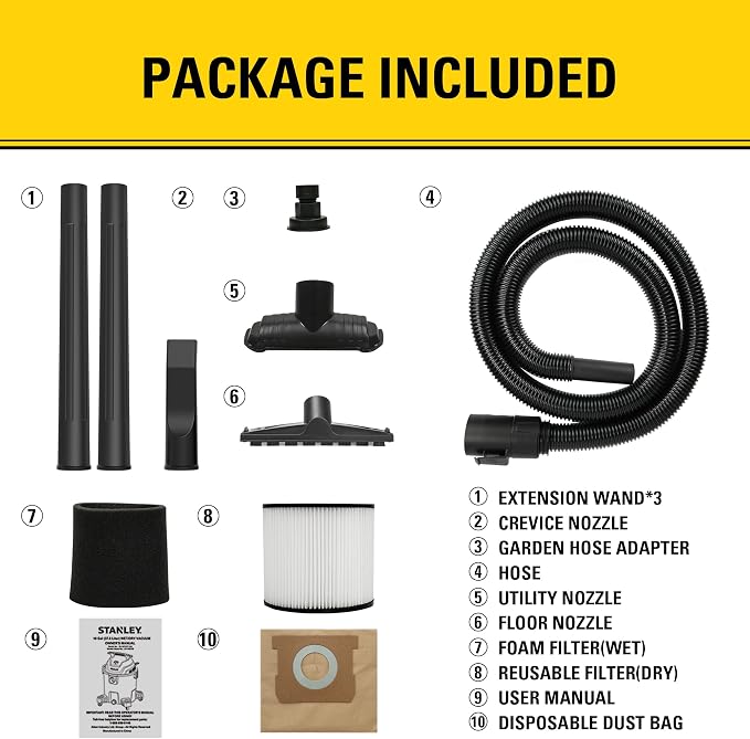 STANLEY 10 Gallon Wet Dry Vacuum, 6 Peak HP Poly Built-in Drain Shop Vac Blower with Powerful Suction, Multifunctional Shop Vacuum W/ 6 Horsepower Motor for Job Site, Garage, Basement, Van, Workshop