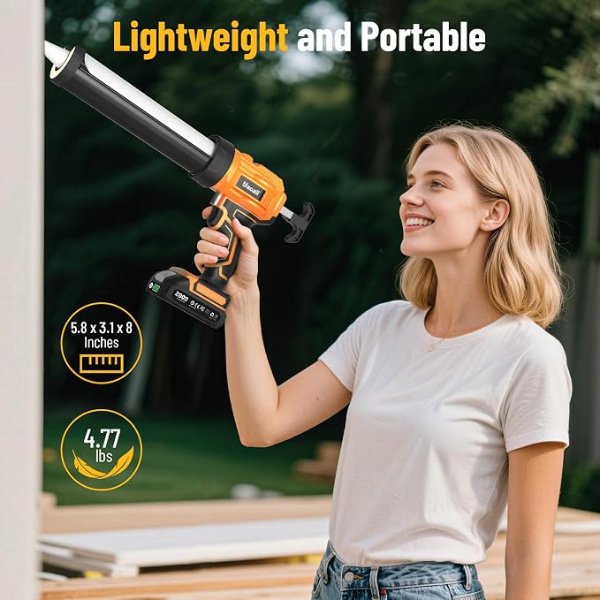 Electric Caulking Gun, Cordless Caulking Gun with 2x 2000mAh Batteries, 9Pcs Silicone Caulking Tools, 4 Adjustable Speeds, LED Light, 10OZ Battery Silicone Gun for Filling, Sealing (Yellow)