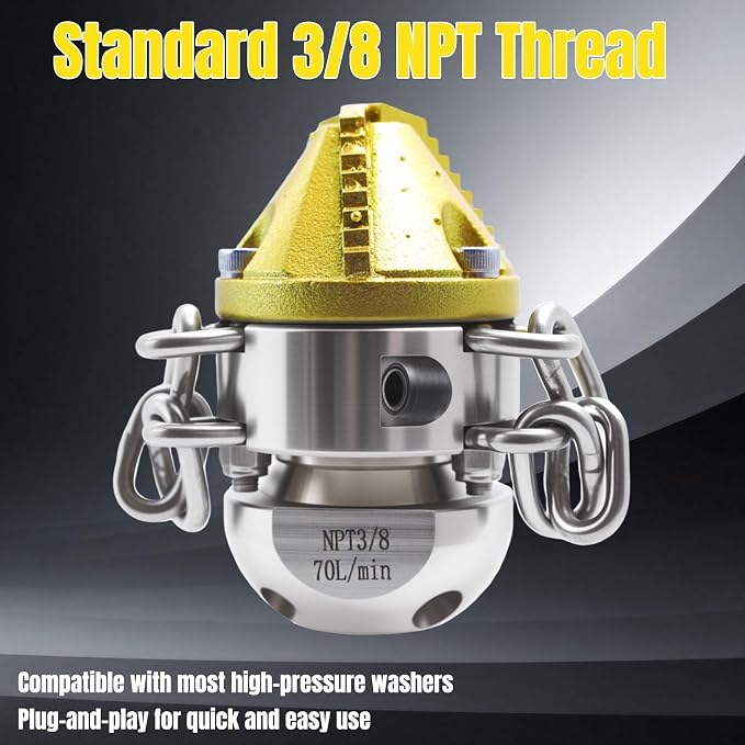3/8 NPT Sewer Jetter Rotating Nozzle Root, 70L/Min High Pressure Cleaning Tool (with Detachable Chain), 360° Rotating, Suitable for Home Drains, Commercial Pipes, Industrial Pipes