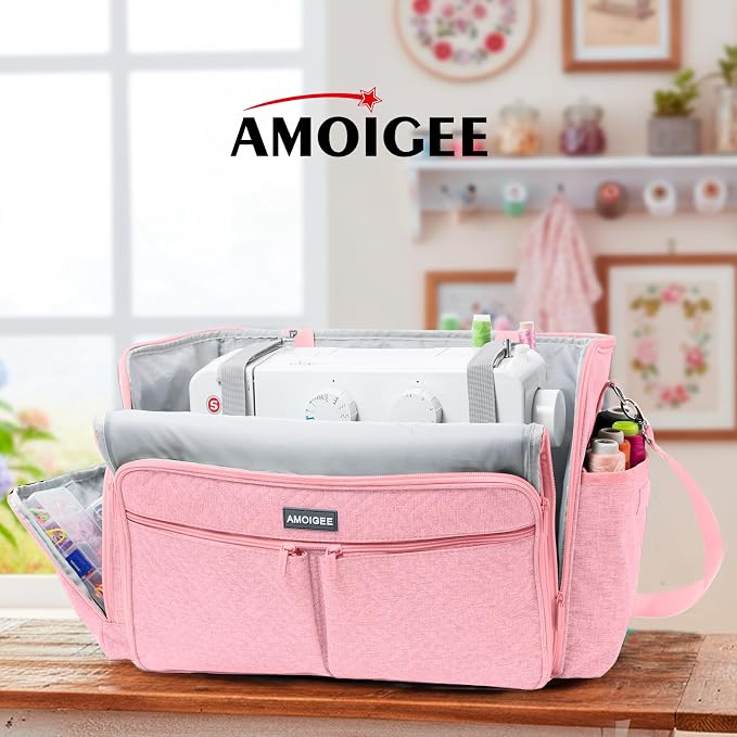 AMOIGEE Full-Open Sewing Machine Case, Large Sewing Machine Storage Bag for Travel - Heavy-Duty Embroidery Tote for Brother Singer Janome Standard Machines Holder with Pocket for Accessories and Tools