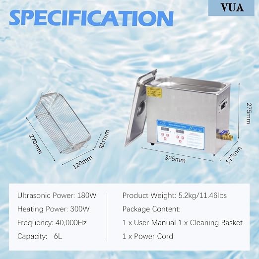 6L Ultrasonic Parts Cleaner with Heater and Digital Timer, 40kHz 180W Professional Ultrasonic Cleaner Machine with Drain Valve for Carburetors, Fuel Injectors, Auto Parts, Tools and Jewelry