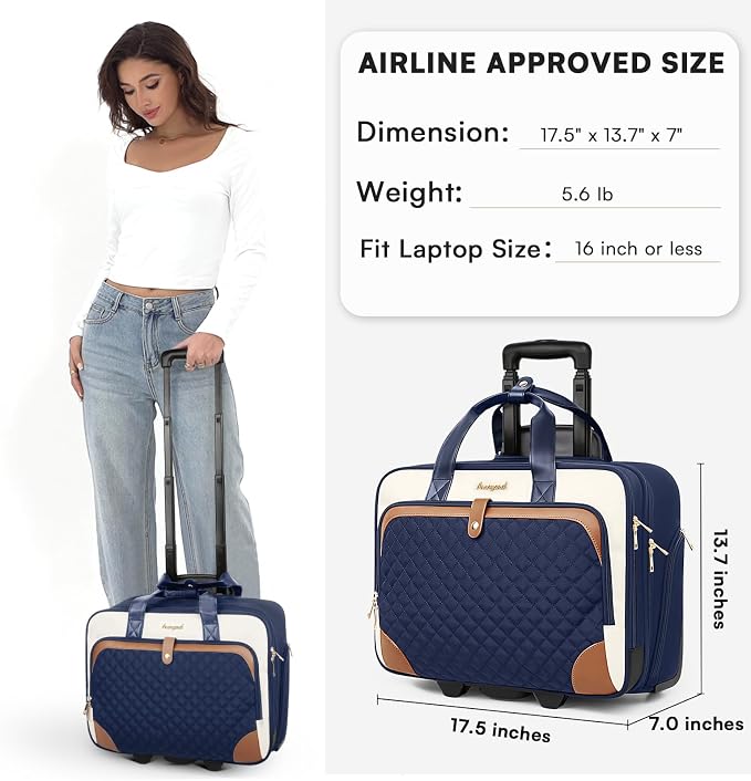 Arcoyard Rolling Laptop Bag, Rolling Briefcase for Women with Waterproof Pocket, 16 Inch Computer Bag, Underseat Carry On Luggage with Wheels for Work Travel Business, Lightweight Navy Blue Brown