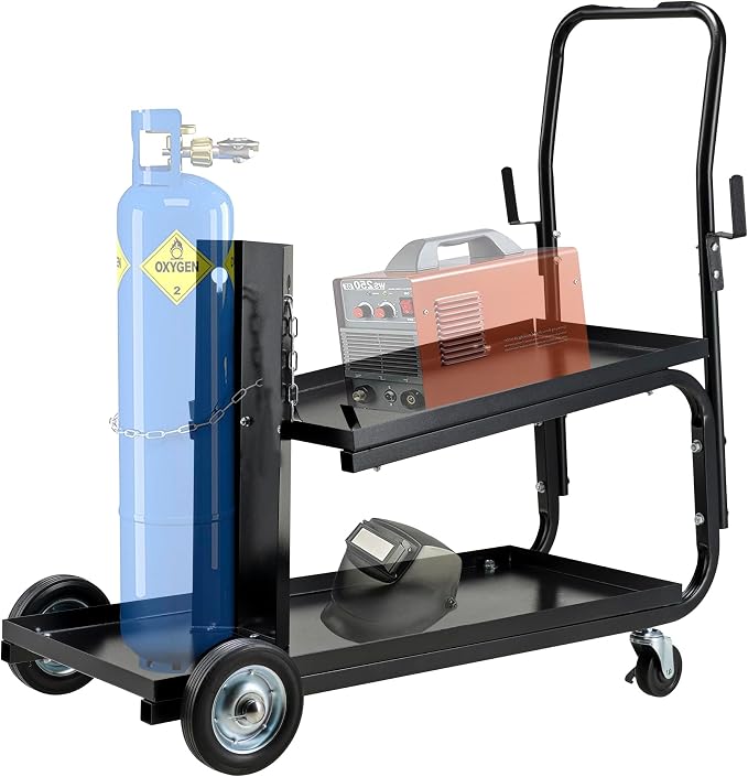 Welding Cart, MIG TIG ARC Welder Cart w/Upgraded Handle, Galvanized Casters, 330lbs Capacity Portable Welding Tank cart, Plasma Cutting Machine, Larger Running Gear with Cylinder Rack