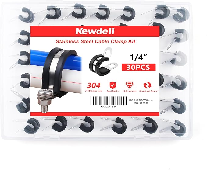 Newdeli 30Pcs Cable Clamps 1/4 Inch Stainless Steel Cable Clamp Rubber Cushioned Hose Clamp Insulated Tube clips Automotive Wire Pipe Clamps