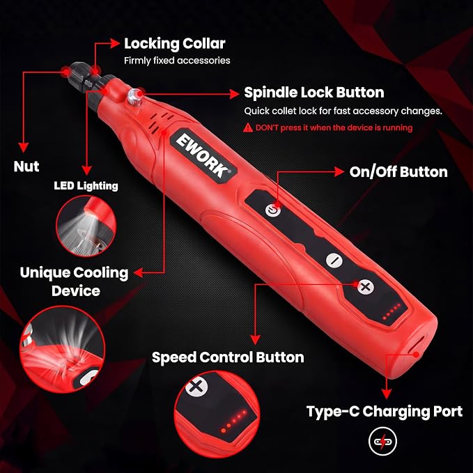 EWORK Cordless Rotary Tool Kit with 71 Accessories, 4V Mini Power Rotary Tool with 5 Variable Speeds & USB-C Charging for Sanding, Engraving, Polishing, Drilling, Carving, DIY Crafts