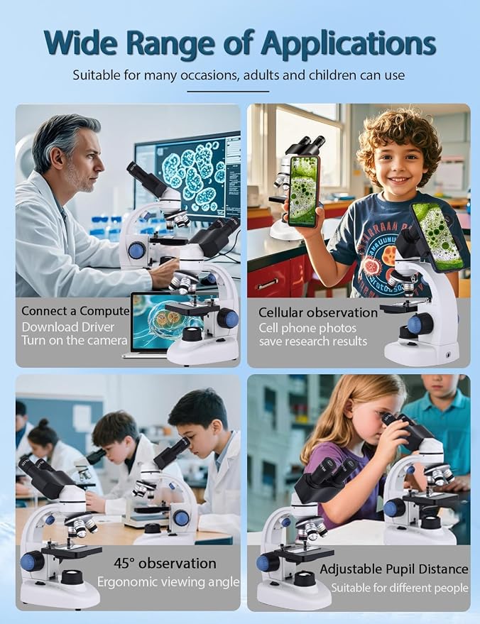 Microscope for Adults WF10x and WF25x eyepieces, 40X-2000X Magnification USB Camera, Microscope for Adults Suitable for Laboratory School Home Education(White Microscope)