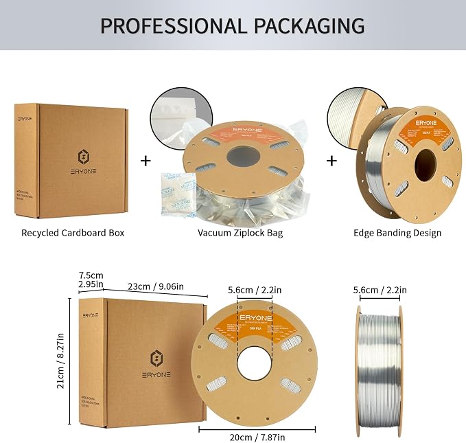 ERYONE Silk PLA Filament for 3D Printer 1.75mm +/- 0.03mm, Shiny Filament 1kg (2.1lbs)/Spool, Silk Silver