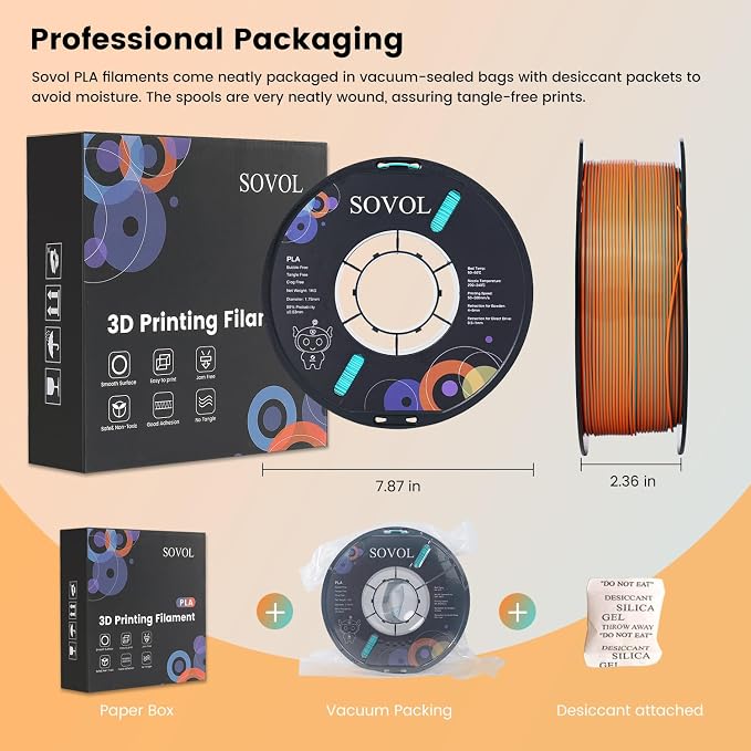 Sovol Dual Color PLA Filament 1.75mm, Silk PLA 3D Printing Material, Dual Color Filament Orange + Light Blue 2 in 1 Coextrusion PLA Filament +/-0.03mm, 1kg/2.2lbs