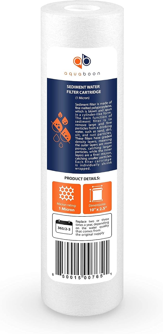 Aquaboon 1 Micron Whole House Sediment Filter 10 x 2.5 for RO & Well Water Filters Replacement Cartridges Compatible with AP110, WHKF-GD05, 6 Pack