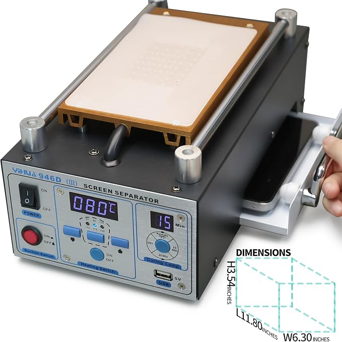 YIHUA 946D-III Digital LCD Screen Separator 5V 1A USB Power Supply & UV Curing Lamp with Built-in Long-Lasting Vacuum Pump for Mobile Phones & Smartphones °F /°C (19.8 cm x 11 cm/ 7.8" x 4.3" ±0.05)