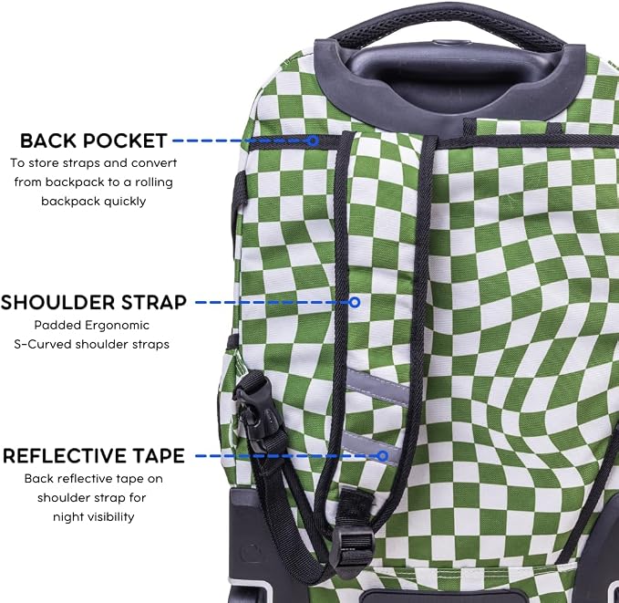 J World Lunar Rolling Backpack. Laptop Bag With Wheels. Wheeled Carry-On Travel Luggage, Matcha Checkers, 19.5 x 13 x 8 Inches