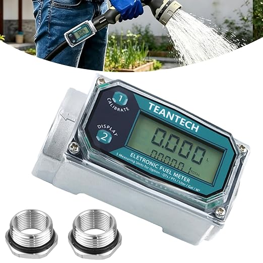 1Pack 1 in Digital Turbine Fuel Flow Meter with 3/4 in Adapters, High Accuracy Diesel Flow Meter with NPT Counter, Digital LCD with 5 Units, Auto Shut Off, for Gasoline/Kerosene/Water