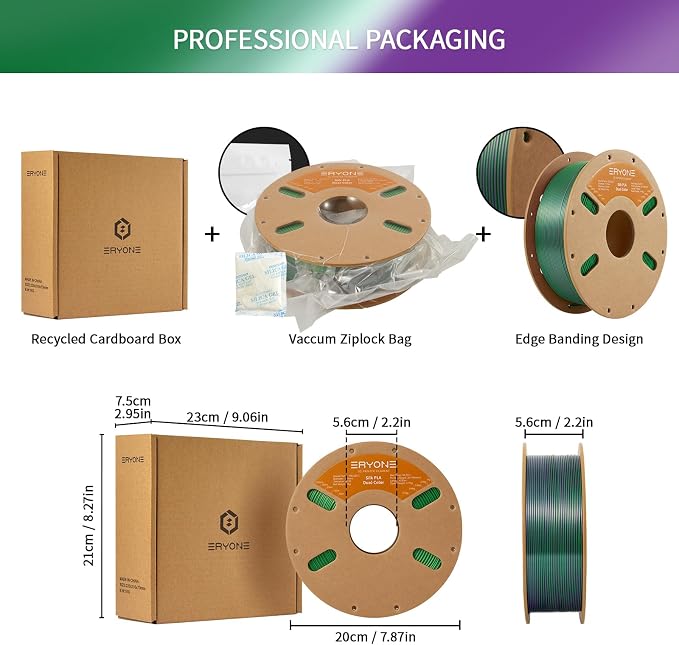 ERYONE Silk Dual Color PLA Filament 3D Printer 1.75mm +/- 0.03mm, Bicolor Filament Two Tone PLA 1KG(2.2lbs) Cardboard Spool, Purple Green
