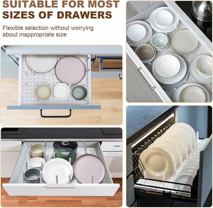Kigley 6 Pcs Wood Pegboard Drawer Organizer with 48 Pegs Wooden Peg Board System Peg Drawer Organizers for Kitchen Dishes Plate Pegboard Food Containers(White,21x5.91,Pine)