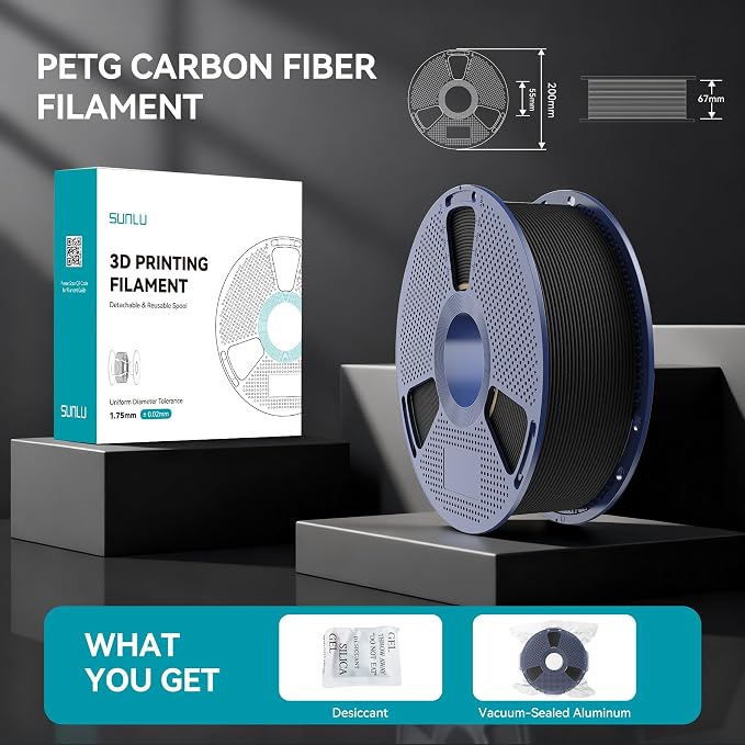 SUNLU Carbon Fiber PETG 3D Printer Filament 1.75mm, Enhanced Strength, High Rigidity, Heat-Resistant, 10% Carbon Fiber, Fit Most 3D FDM Printers, 1KG Spool PETG-CF (Matte Black)