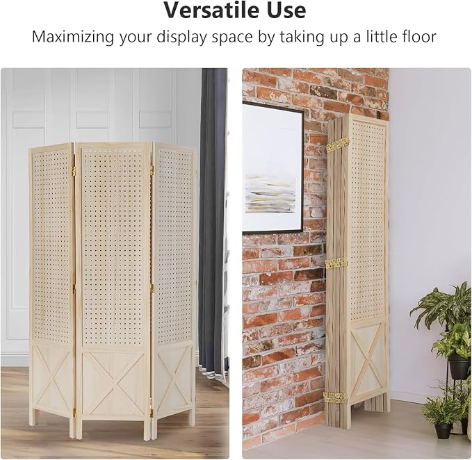 VINGLI Freestanding Pegboard with Support Feet, 5 FT Wood Room Divider Display Board Organizer, Folding Privacy Screen Partition Space Separator for Craft Shows Events Retail (Natural, 6 Panel)