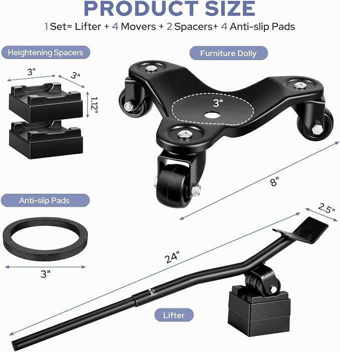 KEDSUM Furniture Dolly, 1000LBS Furniture Moving Wheels, 8" Heavy Duty Mover Dolly with 3 Wheels, Used for Moving Sofa, Piano, Cabinet