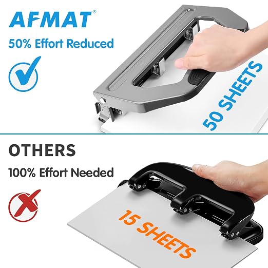 AFMAT 3 Hole Punch Heavy Duty, 9/32" Holes, 50-Sheet Hole Puncher 3 Ring, 50% Reduced Effort, Adjustable Two & Three Hole Punch, Metal Paper Puncher w/Large Chip Tray, Metal Paper Guide, Gray, HP18