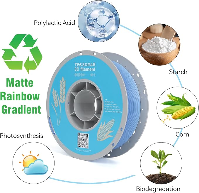 TECSONAR Matte Rainbow 3D Printer Filament 1.75mm,Gradient PLA 1kg Spool (2.2lbs), Dimensional Accuracy +/- 0.02 mm Matte Blue White