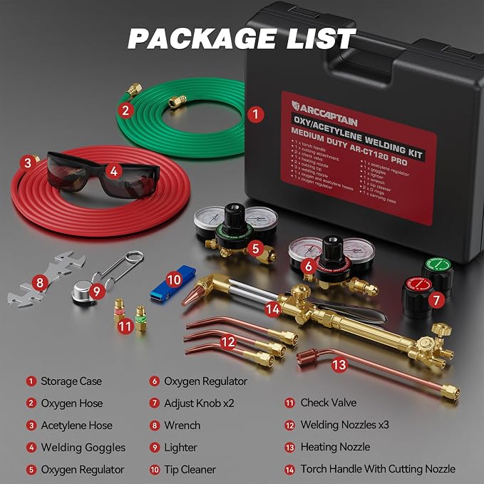 ARCCAPTAIN Oxy Acetylene Torch Kit with Check Valves, Medium Duty Gas Welding Cutting Torch Kit with Hose, Regulator Gauges, Cutting Tip, 3 Welding Tips and Storage Case