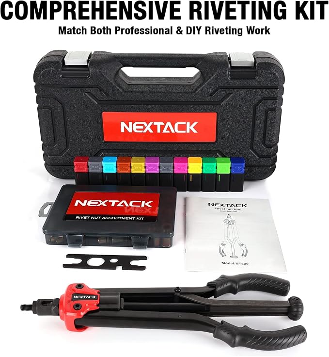 NEXTACK Heavy Duty Rivet Nut Tool Kit, 16" Pro Semi Auto Release Rivnut Nutsert Tool Set - 105pc Threaded Rivet Nuts & 12pc Mandrels | Organized Rugged Case NT800