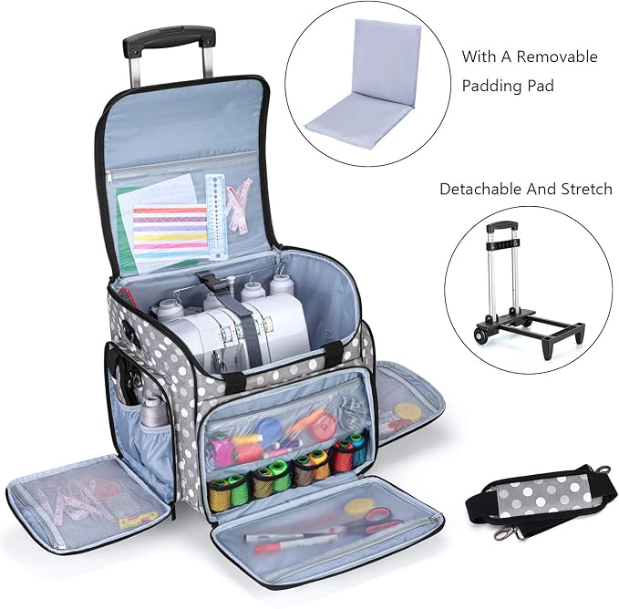 LUXJA Serger Case with Detachable Dolly, Bag with Removable Padding Pad (Fit for Most Standard Machines), Gray Dots