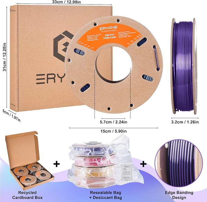 ERYONE PLA Filament 3D Printer Filament Bundle Multicolor 1.75mm +/- 0.03mm, PLA Filament 250g Spool, 4 Rolls, Silk Triple Color 4