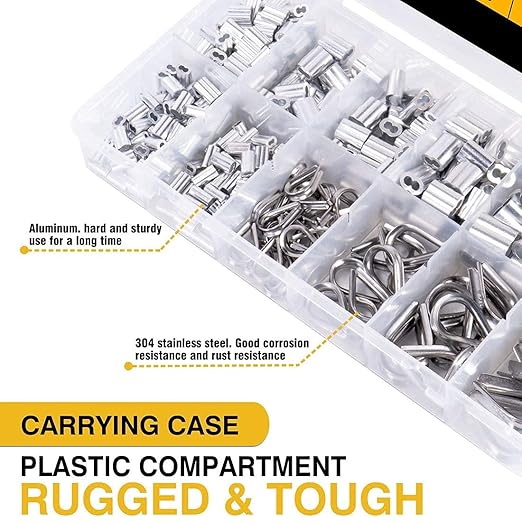 Sanuke Wire Rope Crimping Tool Kit, Crimping Loop Sleeves from 3/64-inch to 1/8-inch, with 390PCS Stainless Steel Wire Rope Cable Thimbles Aluminum Crimping Loop Sleeve