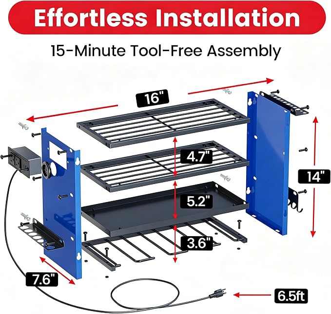 4-Tier Power Tool Organizer, Built-in 2-Outlet Charging Station for Small Garages,400lb Capacity 12mm Steel Drill Holder & Battery Storage for DIY Workshops (4 Slots with 2 Outlets Power Strip)